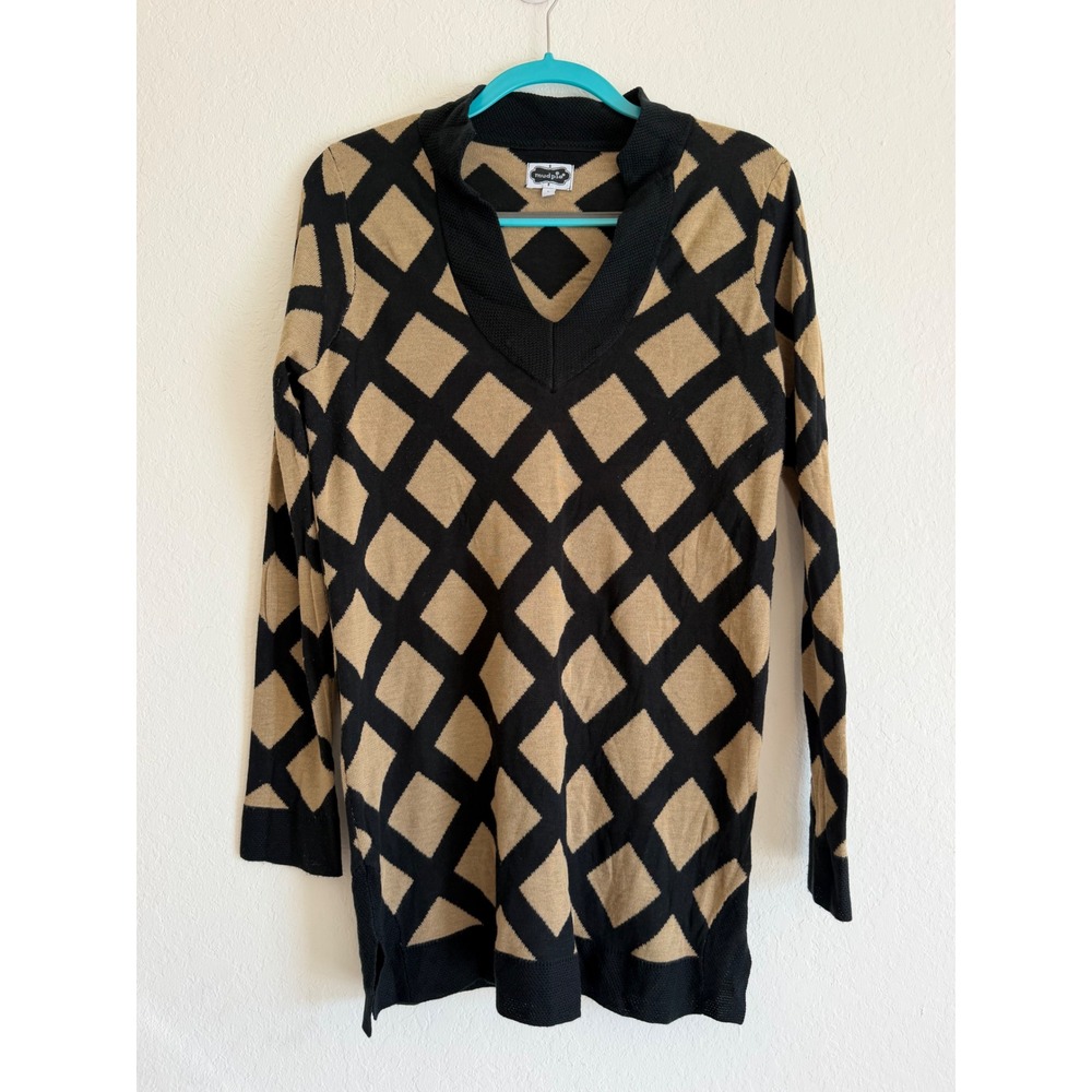 Mud Pie Womens Tan Black Diamond Geometric Split V-Neck Knit Tunic Sweater L